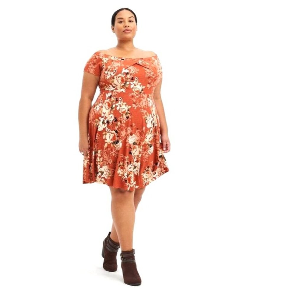 Size 2X 18 20 FLORAL PRINT OFF SHOULDER FIT & FLARE KNIT DRESS Summer PLUS SIZE